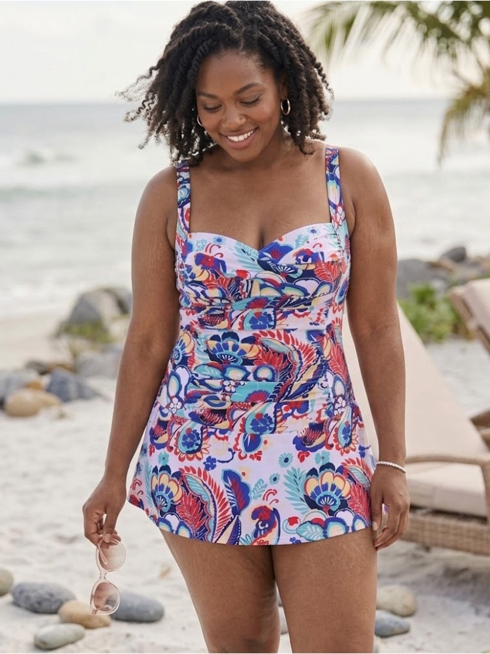 Venus Tropical Floral Sweetheart Neck One Piece Swim Dress Swimsuit White Sz 22